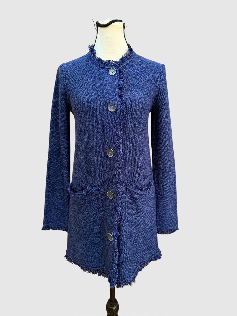 J McLaughlin blue knit fringe jacket with pockets